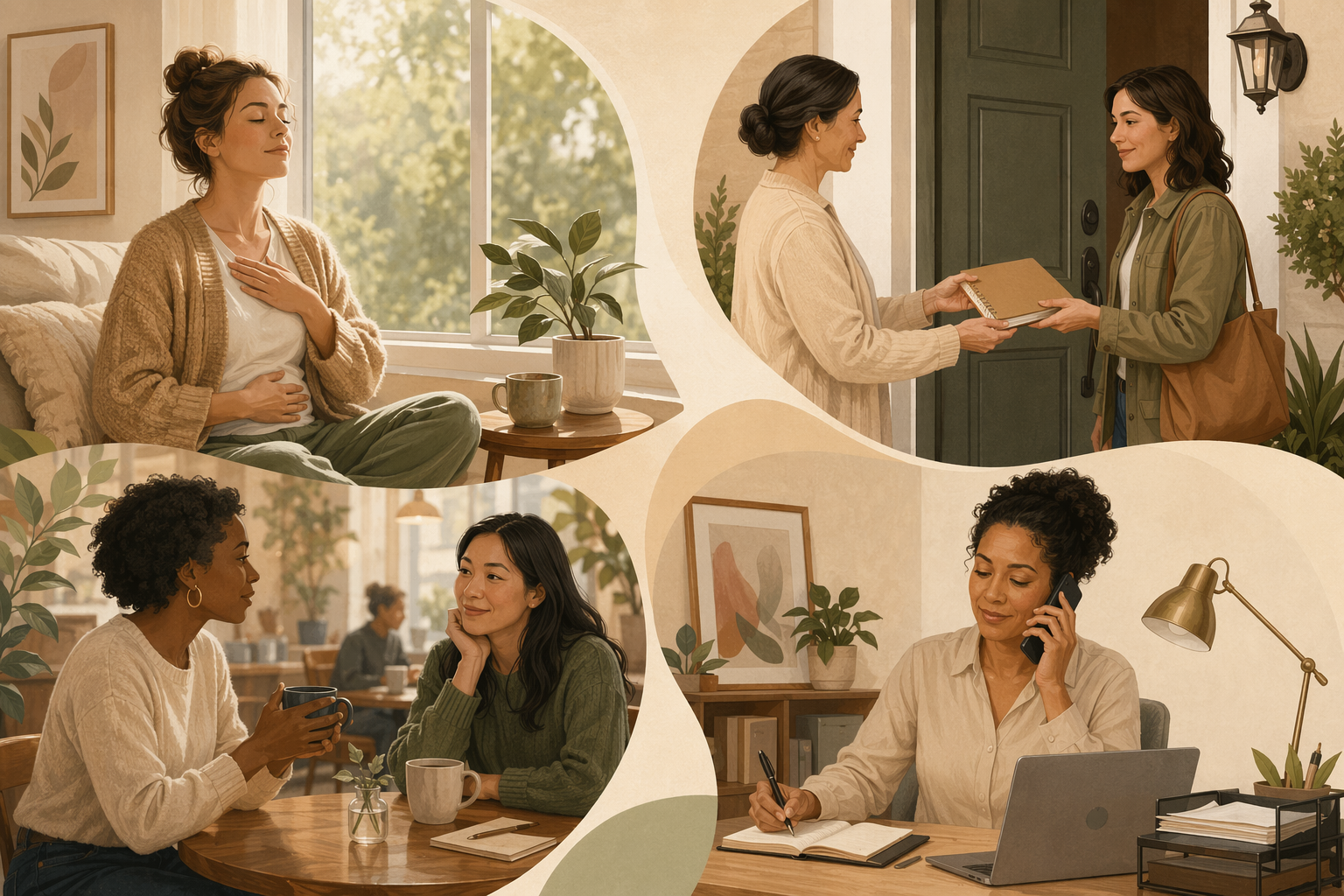 Illustration of four caregiver pressure-release options: breathing practice, respite handoff, social connection, and a support call