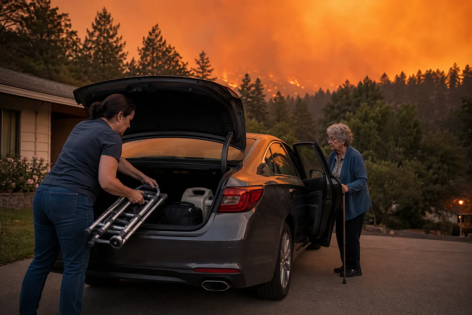 Caregiver loading a walker, medical bag, and portable oxygen concentrator into a car while an older parent waits nearby under smoky wildfire haze