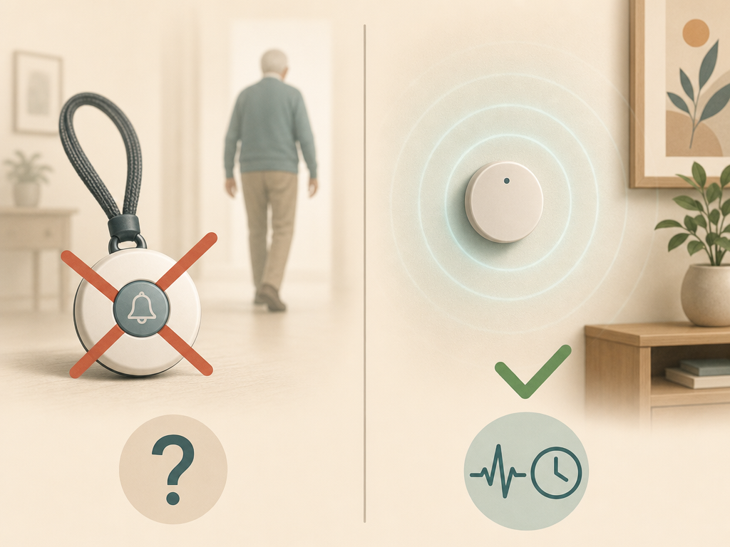 Side-by-side comparison: wearable pendant with a red X versus a wall sensor with a green checkmark.