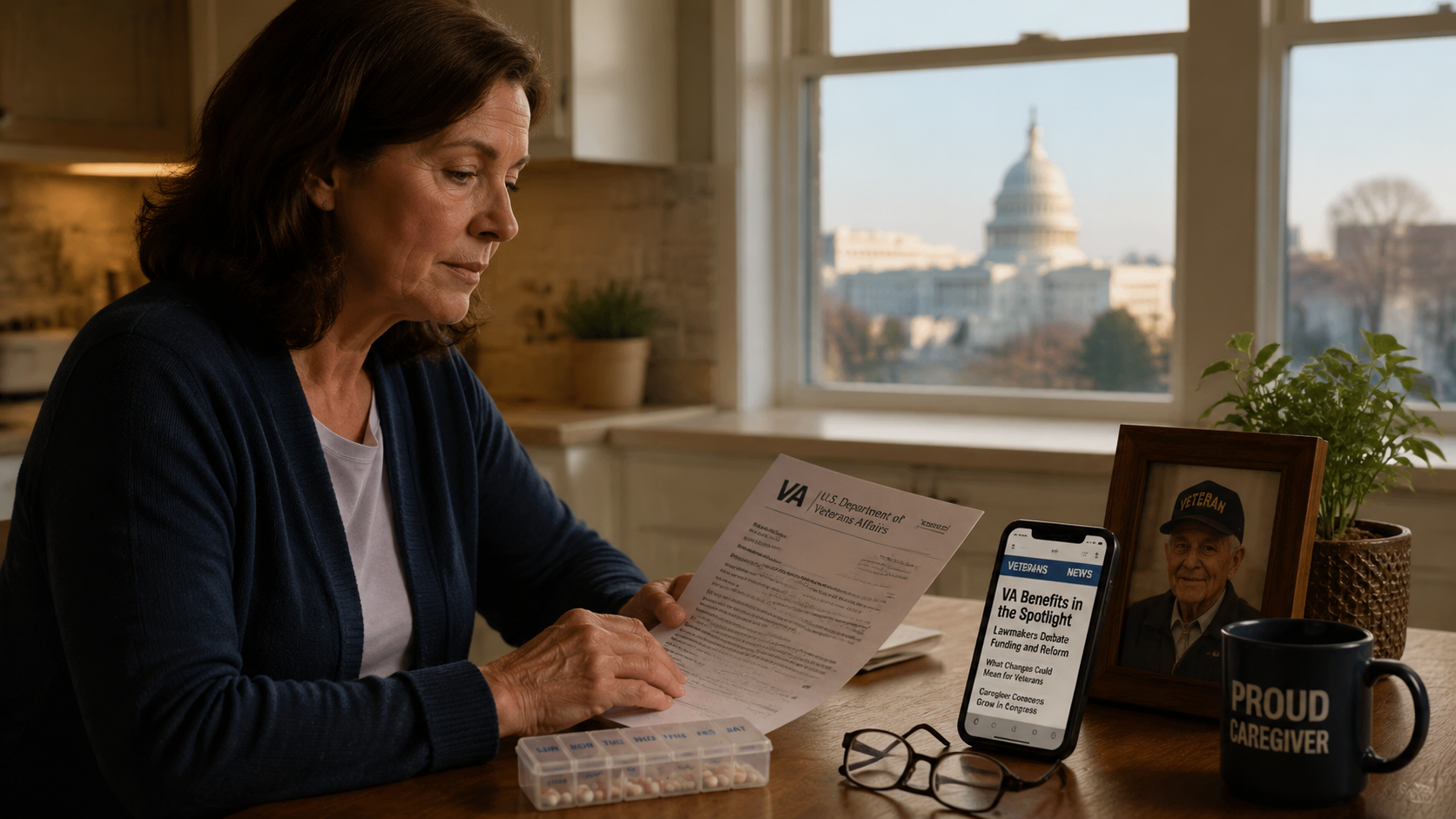 A family caregiver reviews a VA benefits letter and medication organizer while news about Congress appears nearby
