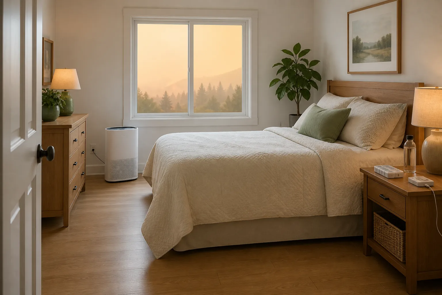 Senior bedroom prepared as a clean air room with an air purifier, clear floor path, closed smoky window, and supplies on the bedside table