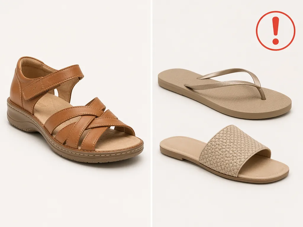 Comparison of a supportive summer sandal with back strap and non-skid sole beside risky flip-flop and backless slide sandals