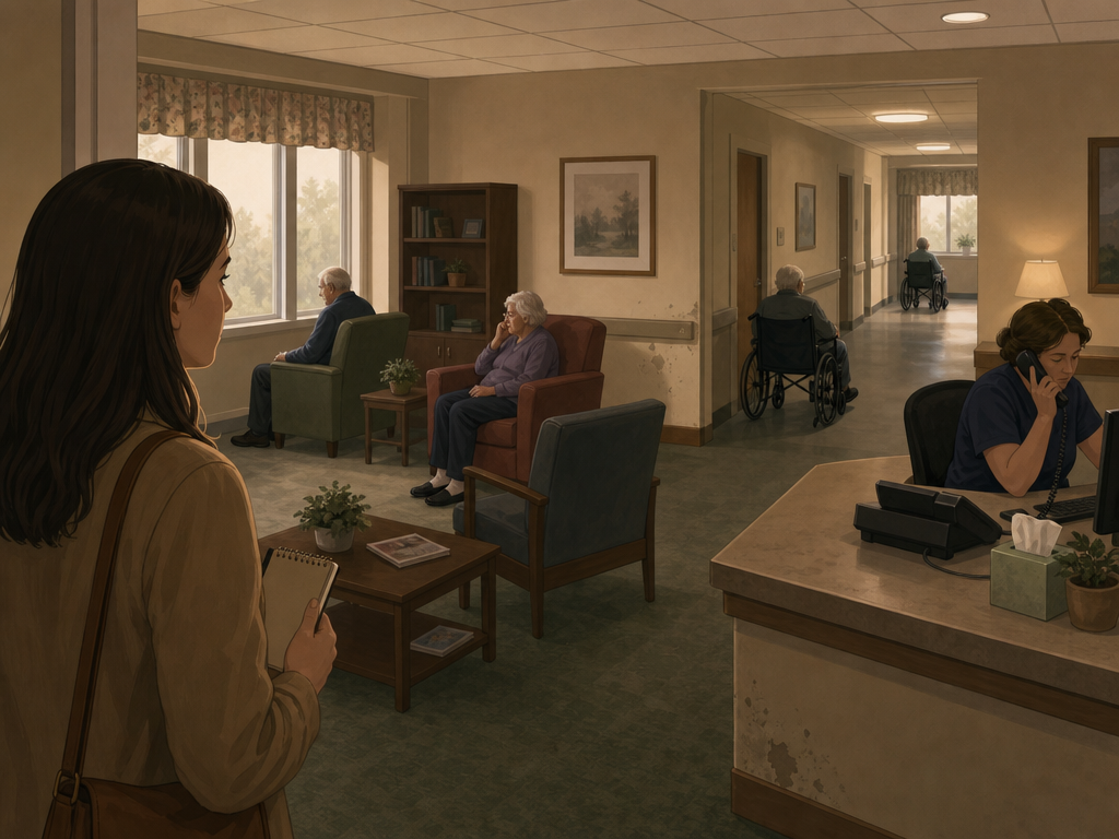 An editorial illustration of an adult child visitor standing at the edge of a senior care facility common room with a notebook in hand, quietly observing residents sitting alone near windows and a staff member behind a desk.