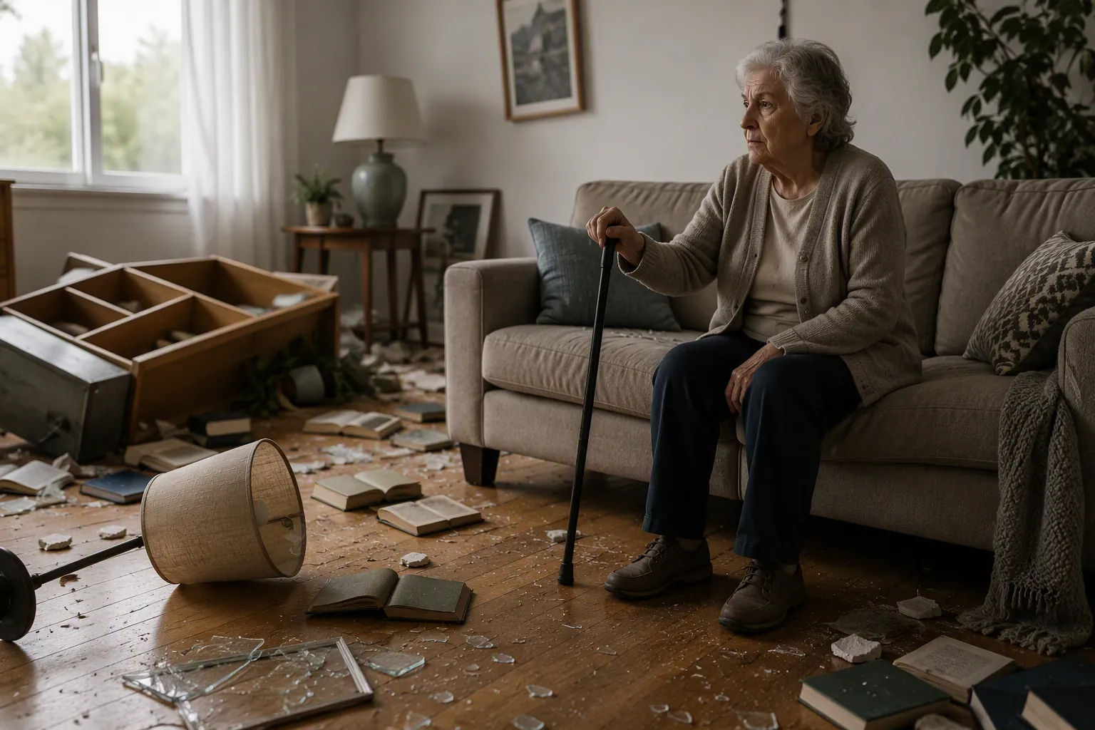 Older woman sitting after an earthquake with sturdy shoes, a cane, fallen furniture, and broken glass nearby