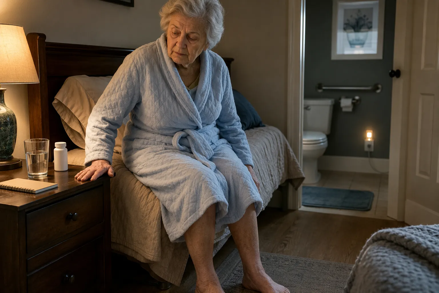 Older adult woman sitting carefully on a bed near water, medication, a notepad, and a bathroom with a grab bar and nightlight