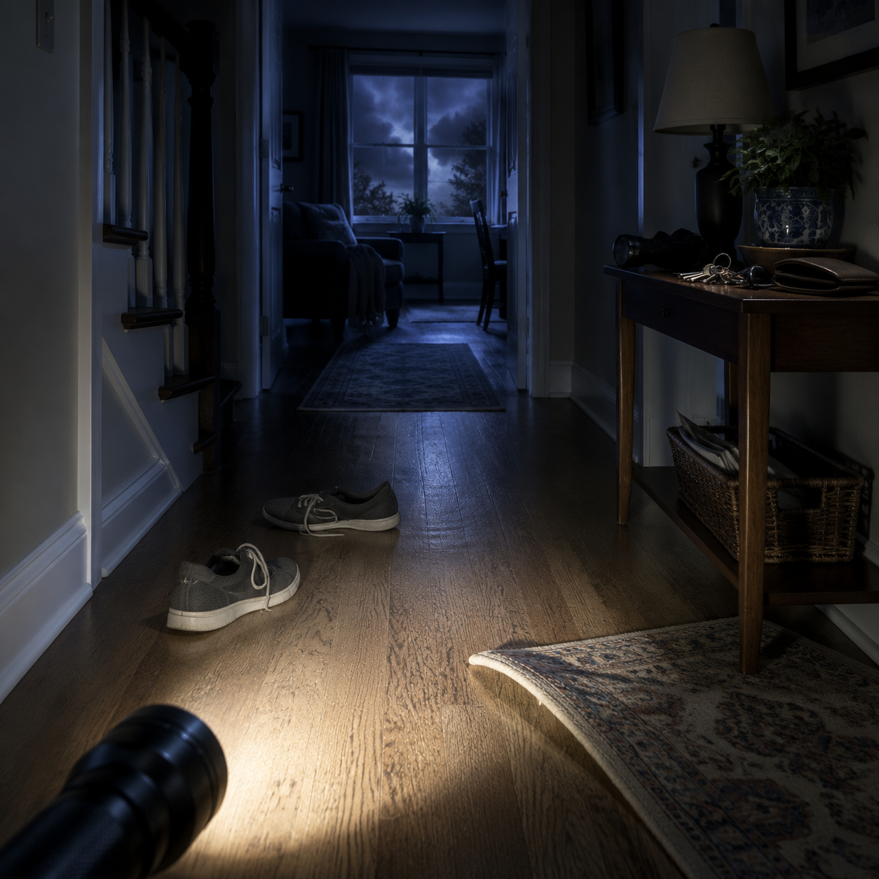 Dark hallway during a power outage with a flashlight beam showing shoes, a curled rug, and clutter