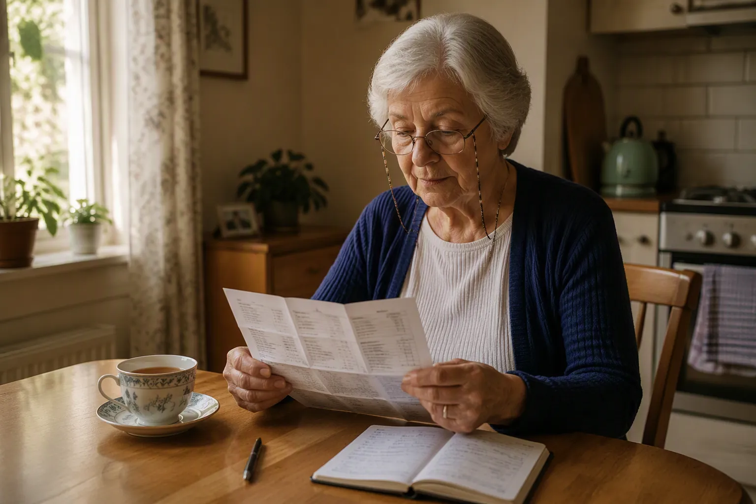 Older adult at a kitchen table with a folded medication list, notebook, tea, and pen