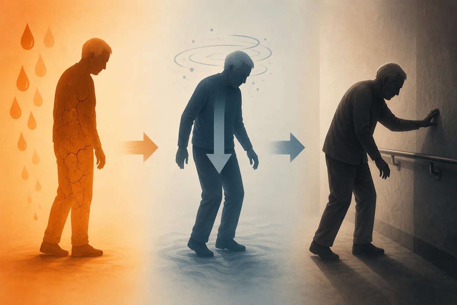 Illustration of dehydration progressing to dizziness and fall risk in an older adult