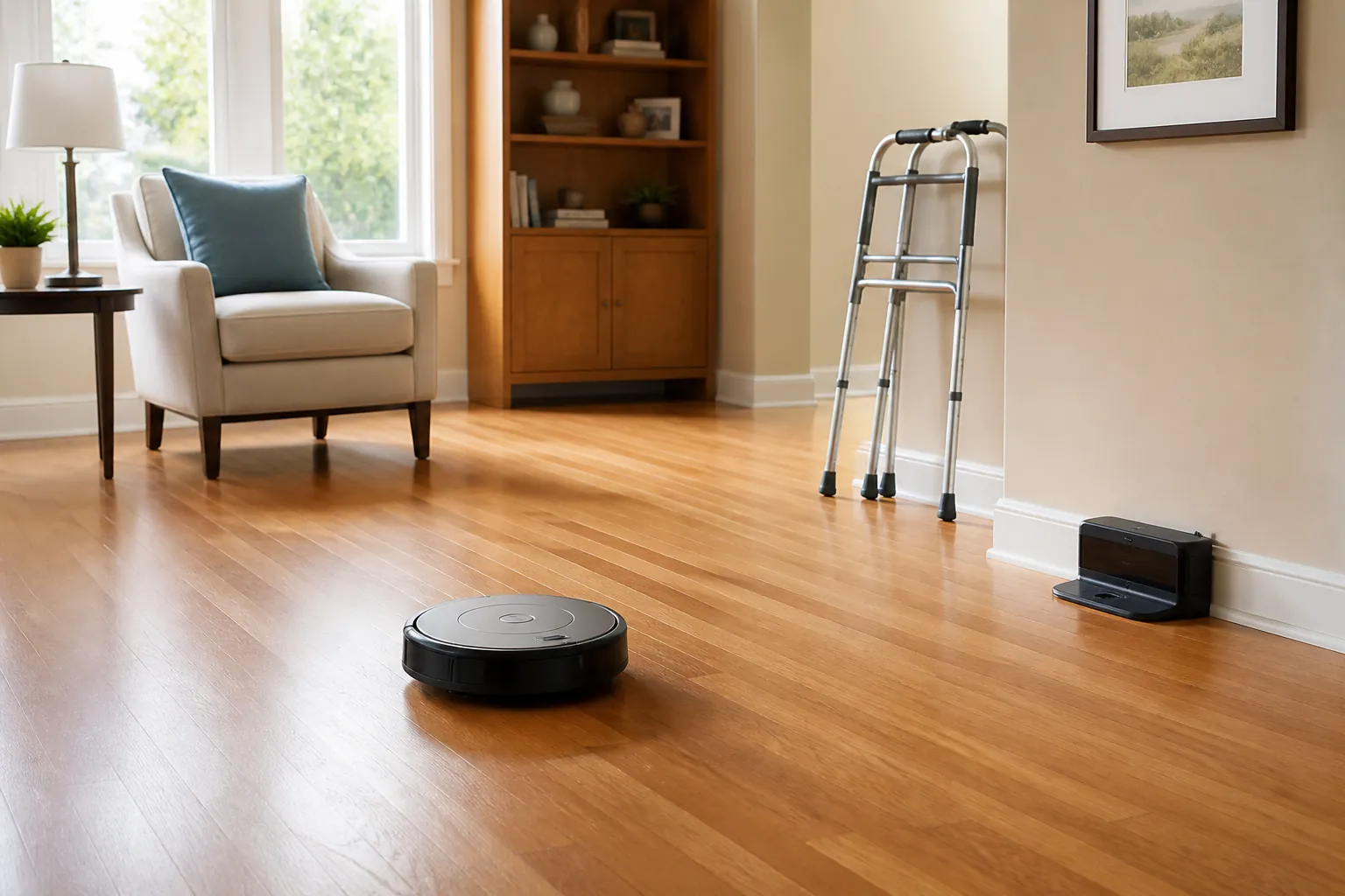 A compact robot vacuum cleaning a clear hardwood floor in a senior-friendly living room, with its dock placed away from the main walking path