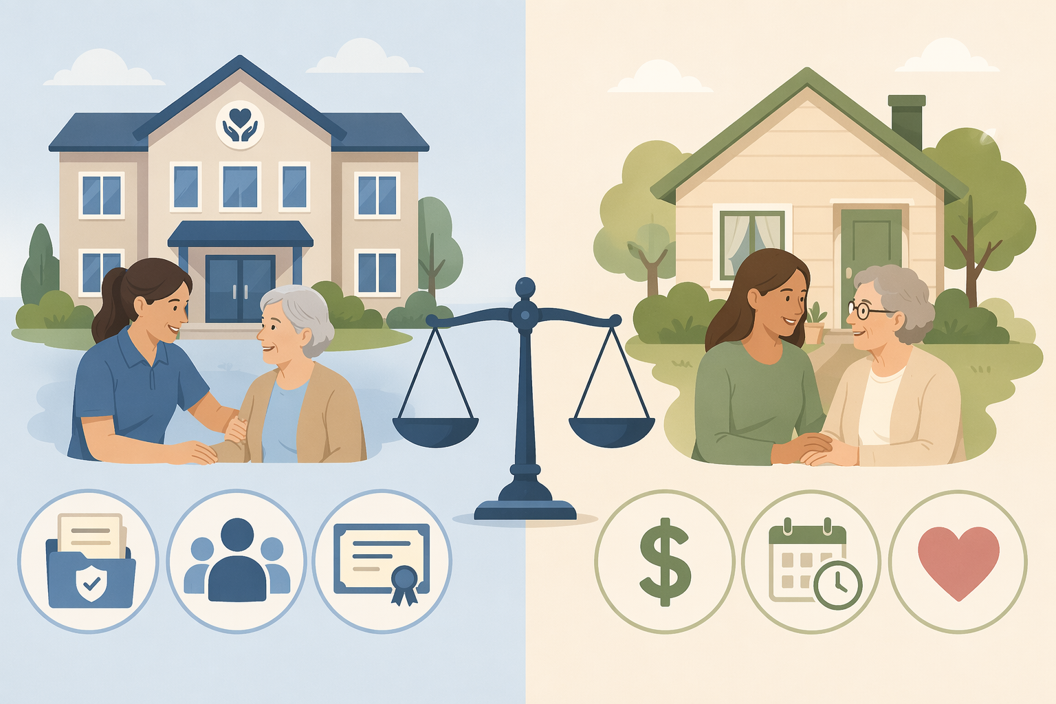 A split-comparison illustration showing a home care agency path on the left with icons for insurance, backup care, and training, and an independent caregiver path on the right with icons for cost savings, schedule flexibility, and direct relationship. A balanced scale icon sits between the two sides, rendered in muted warm tones.