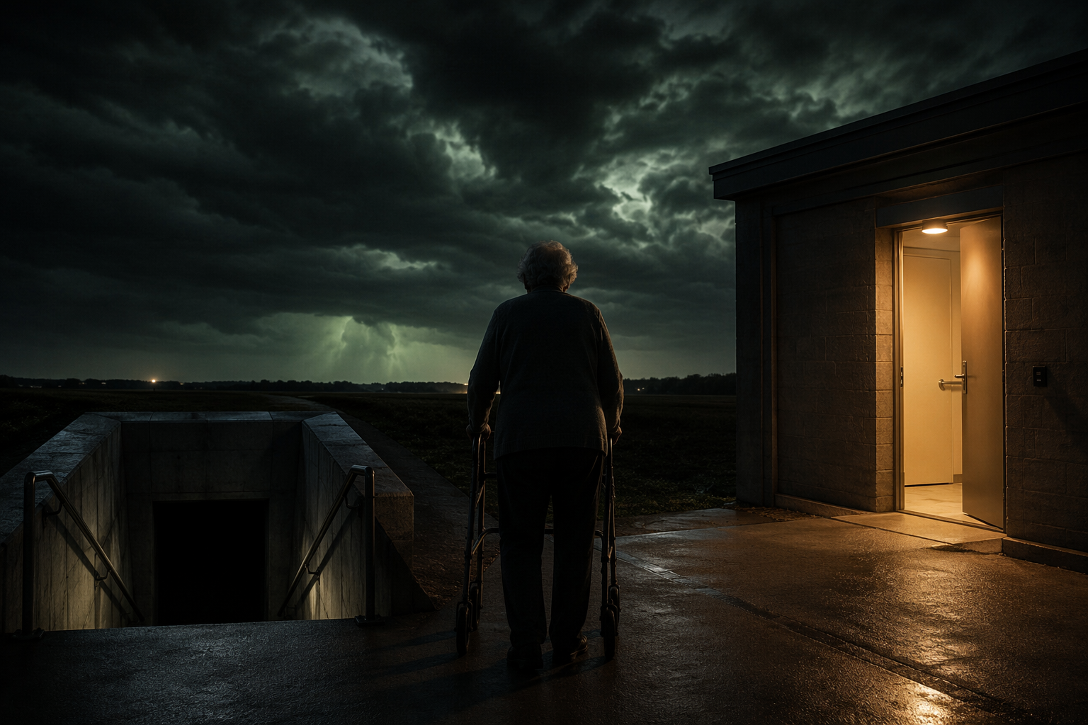 Elderly person with a walker facing steep underground stairs and a ground-level safe room at night