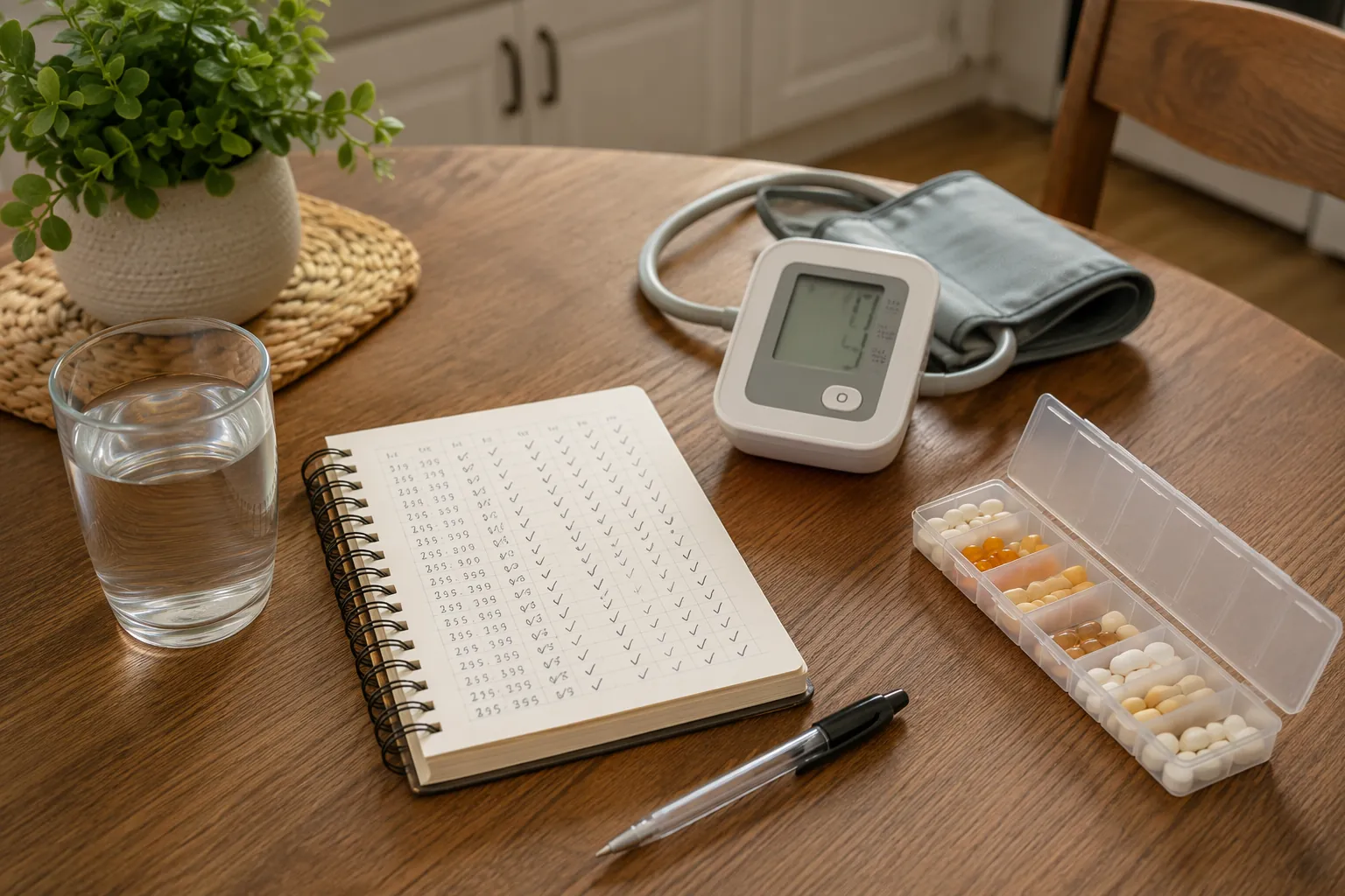 Kitchen counter with a glass of water, tracking notebook, blood pressure monitor, pill organizer, and pen