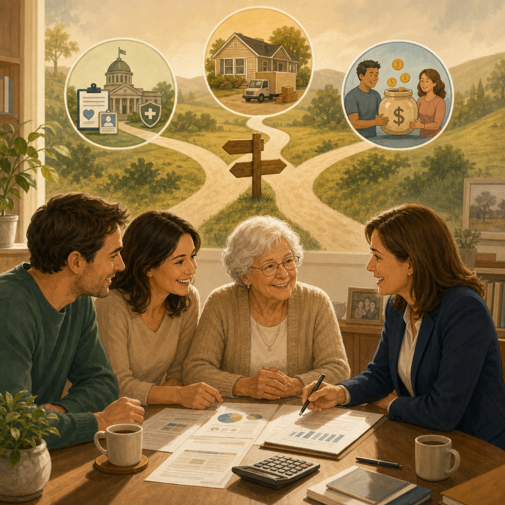 A warm-toned illustration of three generations sitting around a table with documents and a calculator, with a branching roadmap showing contingency paths.