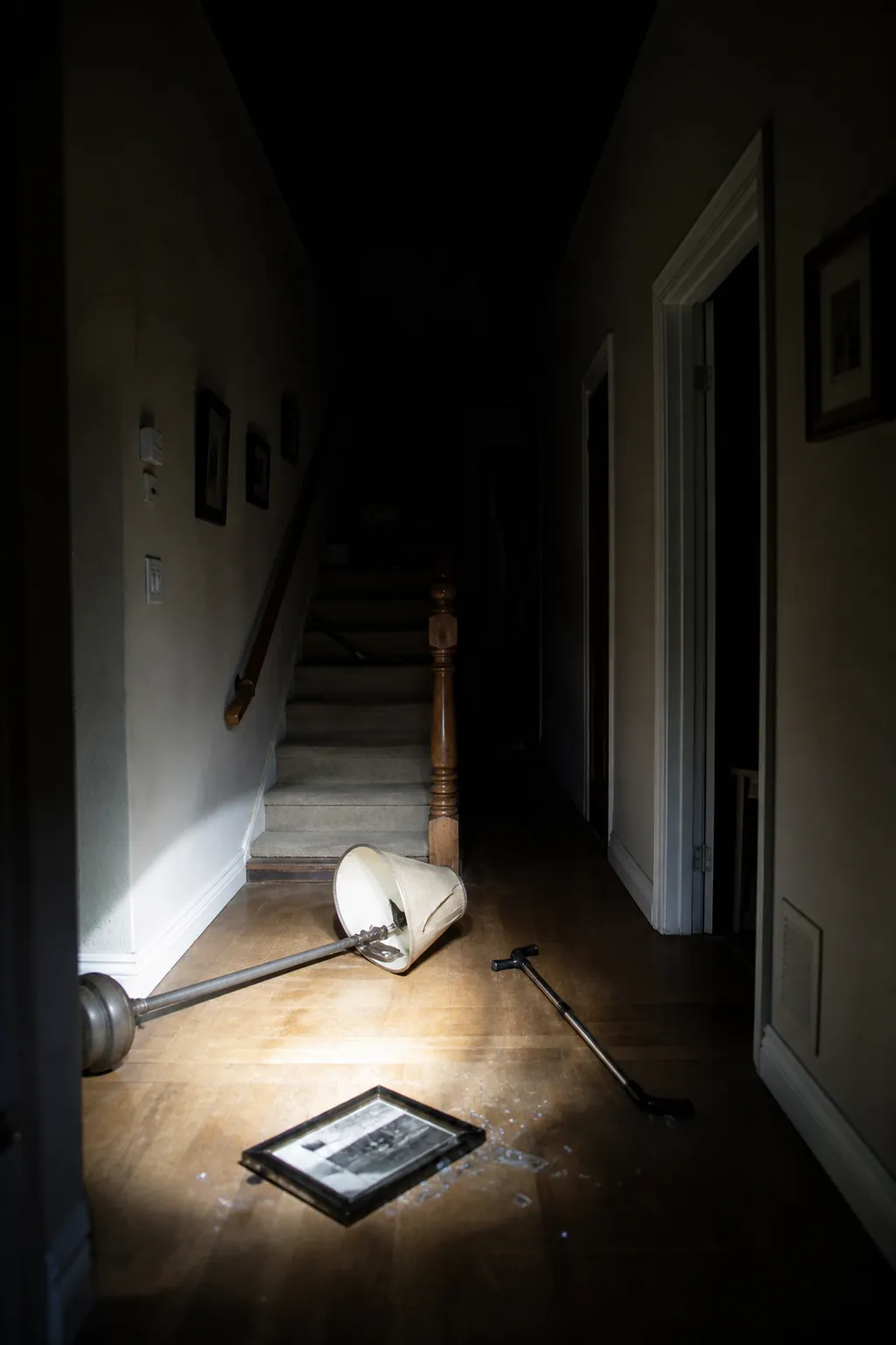Dark hallway and stairway after an earthquake with a fallen picture frame, displaced lamp, and cane on the floor