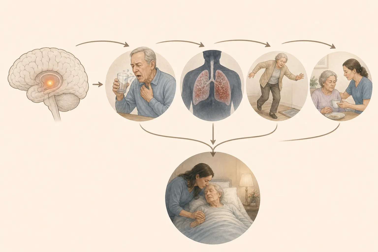 Illustration of dementia complications moving from swallowing failure to pneumonia, falls, reduced intake, and a fatal outcome