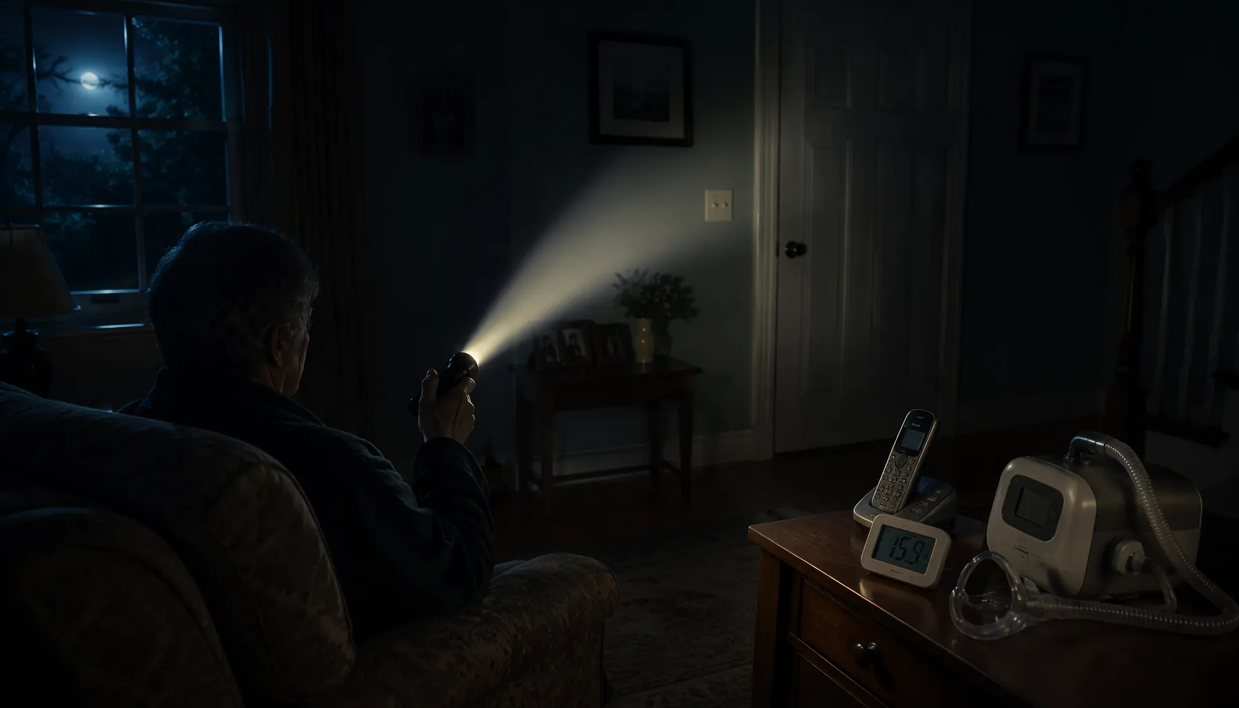Older adult sitting with a flashlight in a dim living room during a power outage, with a medical device, thermometer, and phone nearby