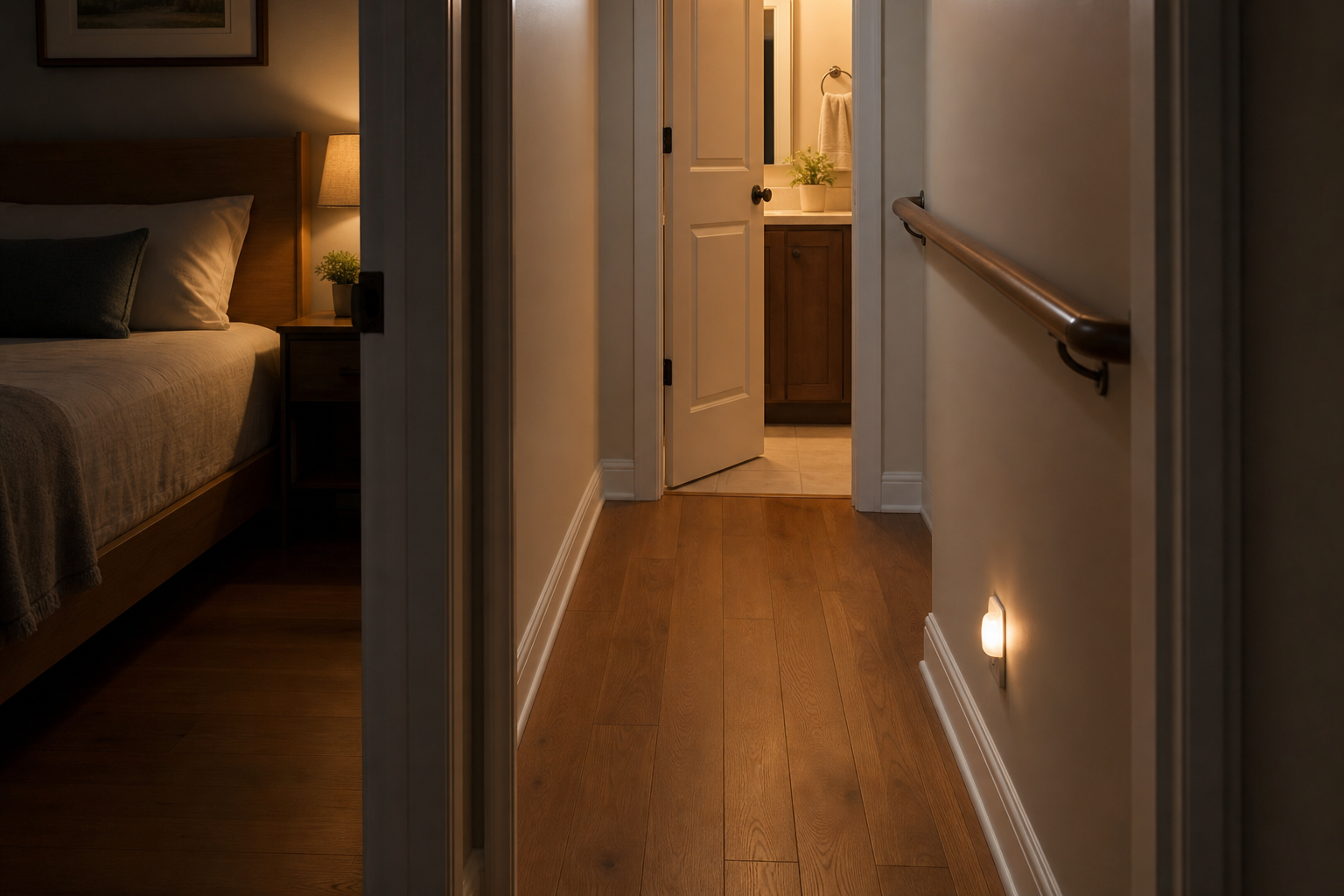 A nighttime view from a bedroom doorway down a short hallway toward a softly lit bathroom, with a nightlight on the wall, a wall-mounted handrail, and a clear clutter-free floor.