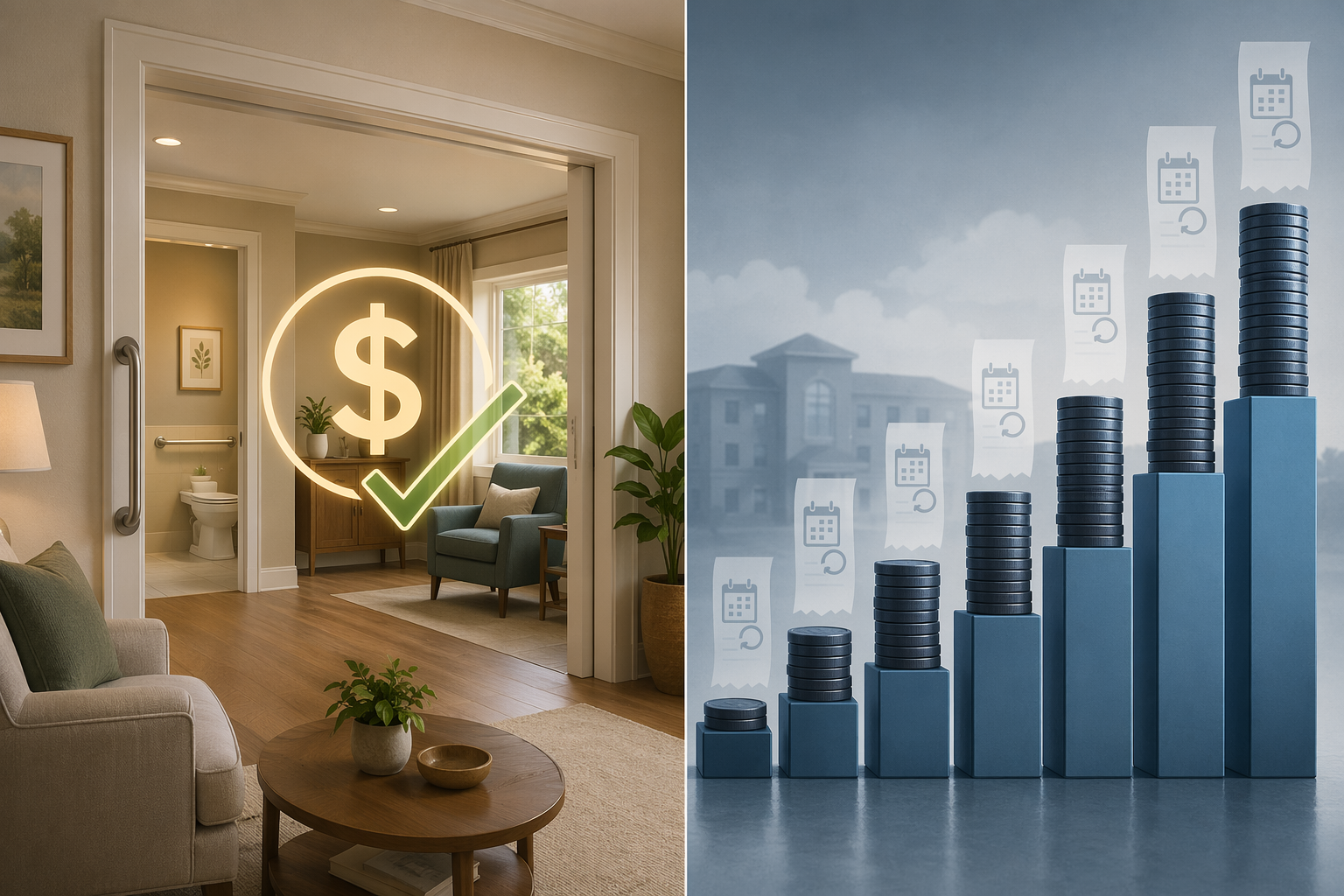 Split editorial illustration contrasting a one-time home modification investment on the left, showing a comfortable accessible home interior, against abstract recurring monthly cost stacks rising higher on the right, using warm residential tones versus cooler financial chart tones.