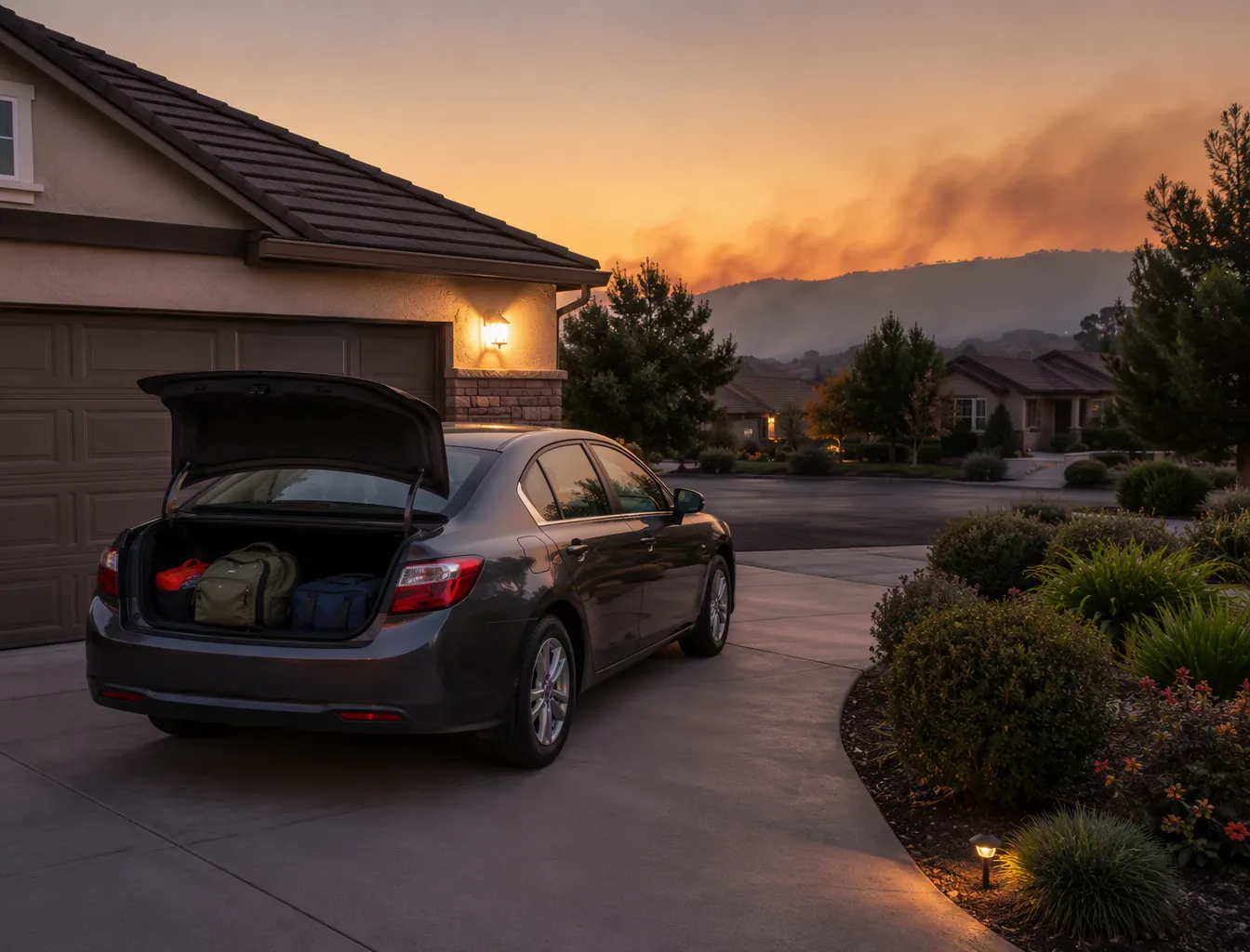 Car parked facing outward in a driveway with go-bag in the trunk, closed garage, shut windows, and distant wildfire smoke