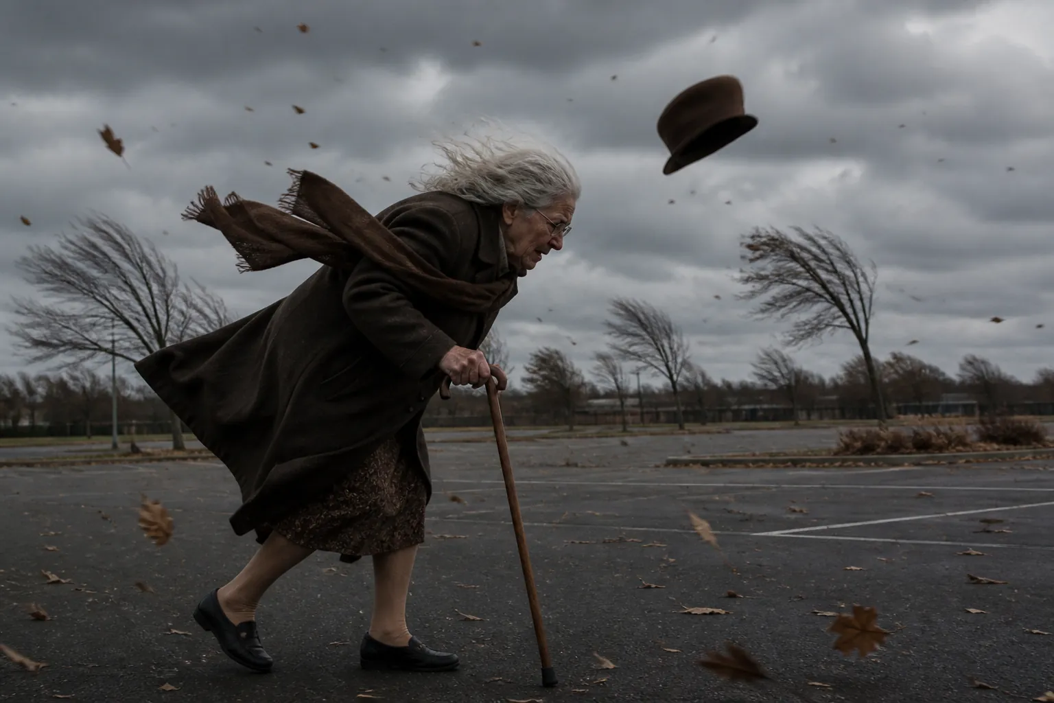 Older adult woman with a cane crossing an empty parking lot in strong gusty wind
