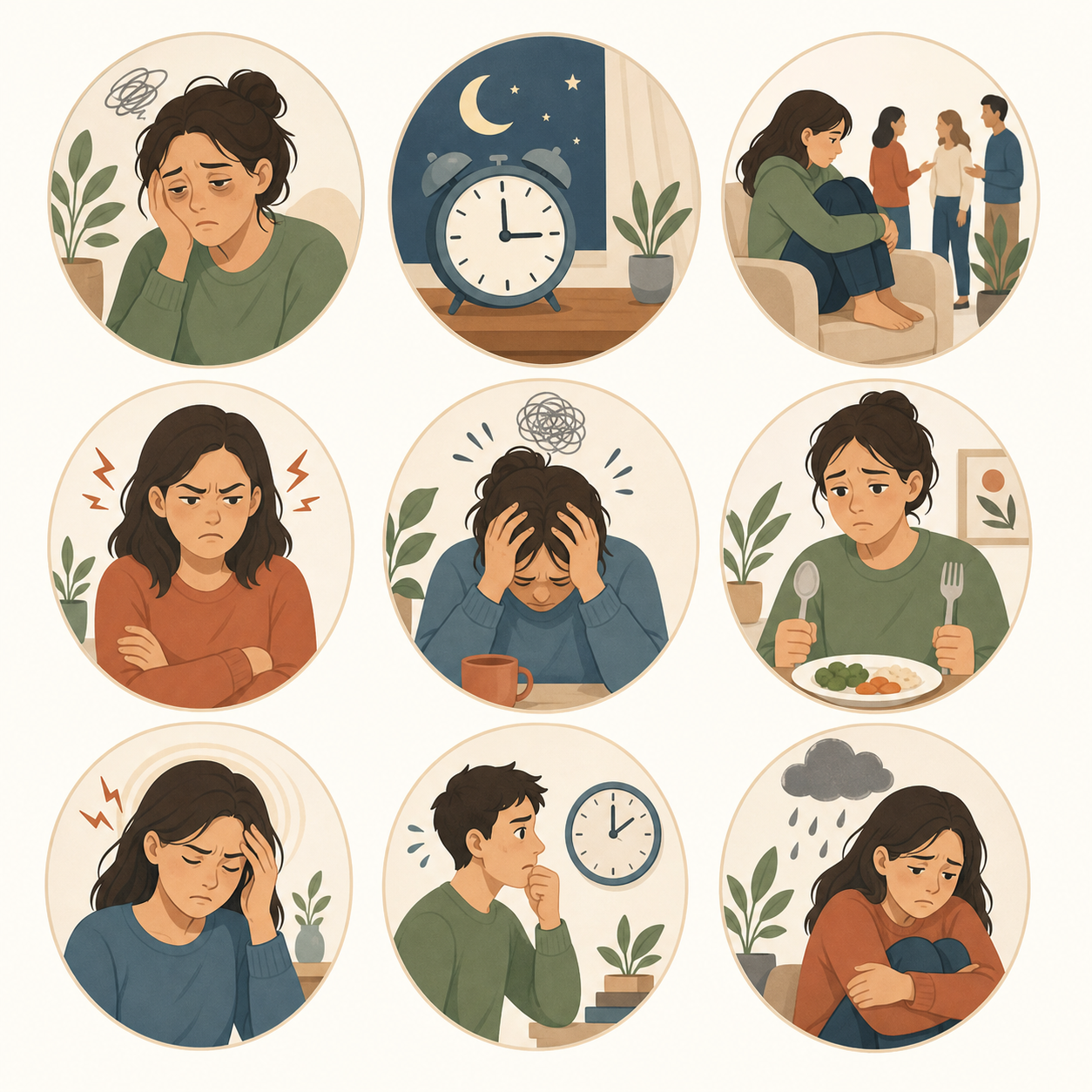 A 3x3 grid of nine soft circular icons in warm earth tones representing caregiver stress warning signs: tired eyes, disrupted sleep, social withdrawal, irritability, overwhelm, appetite changes, physical symptoms, time pressure, and mood changes.