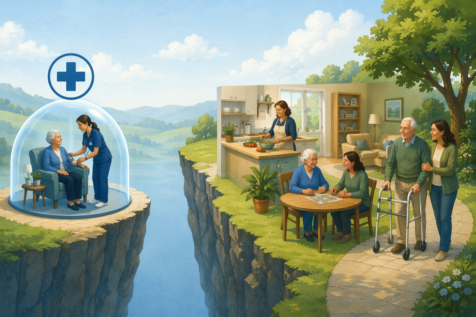 An editorial illustration showing the gap between Medicare coverage and actual senior care needs.