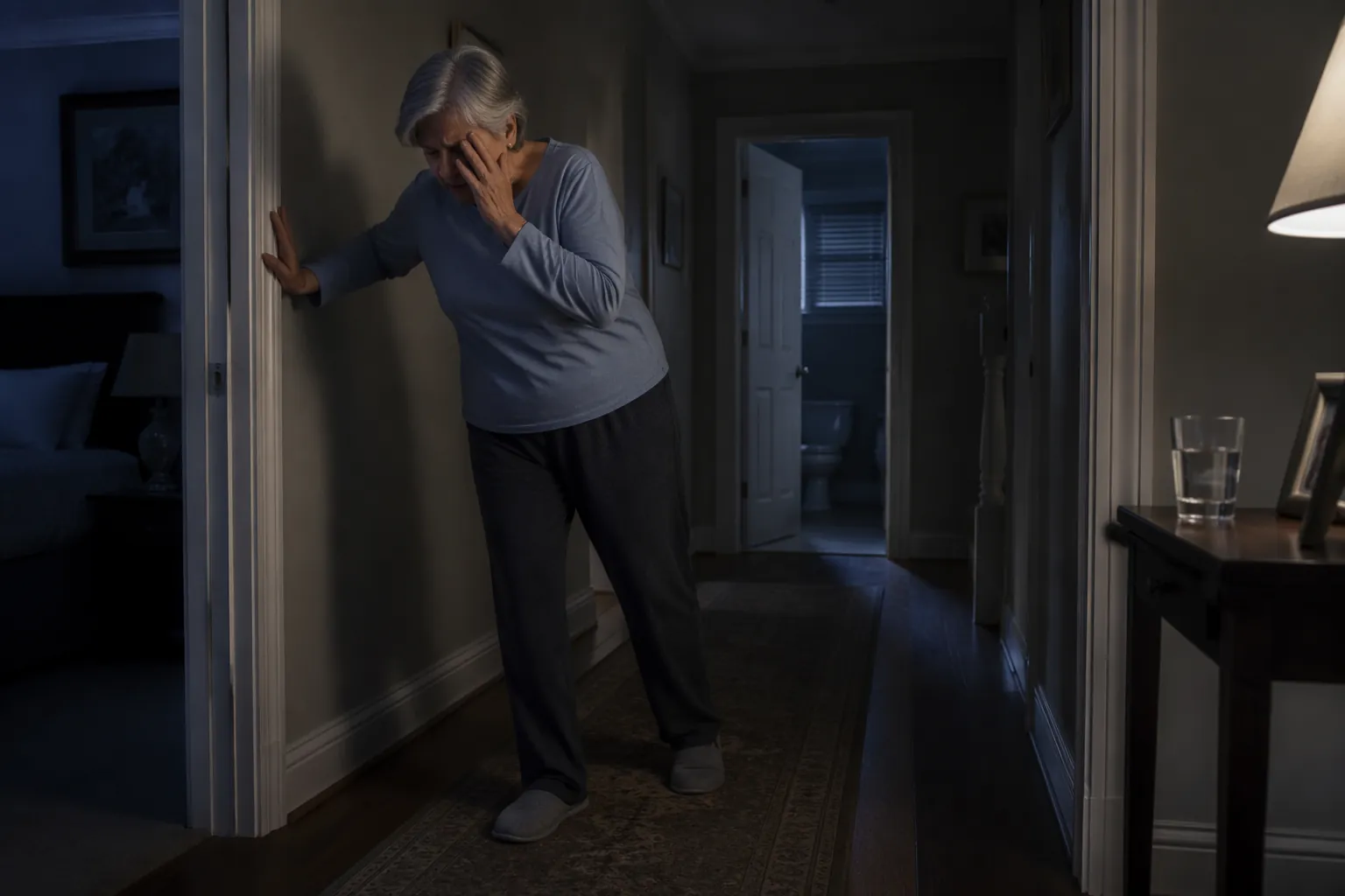 Older adult steadying themselves against a doorframe in a dim hallway while feeling dizzy at night