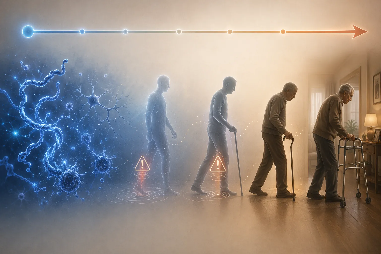 Biological staging progression from molecular Parkinson’s pathology to cane and walker use in a home hallway