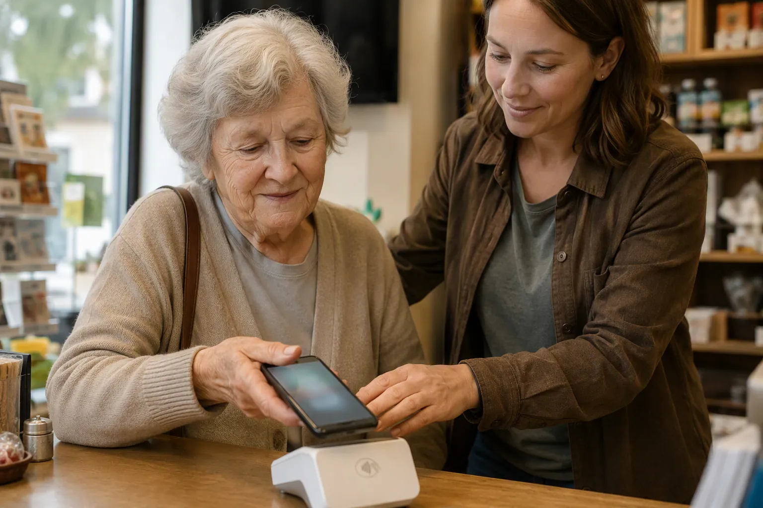 Older woman holding a smartphone near a contactless payment terminal while a caregiver sits beside her