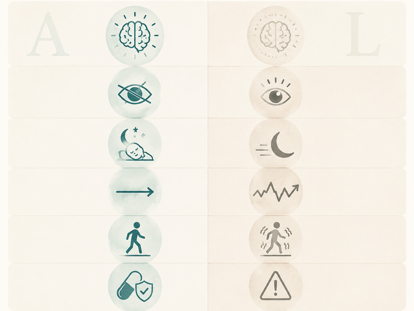 Icon-based comparison panel showing differences between Alzheimer’s features and Lewy body dementia features