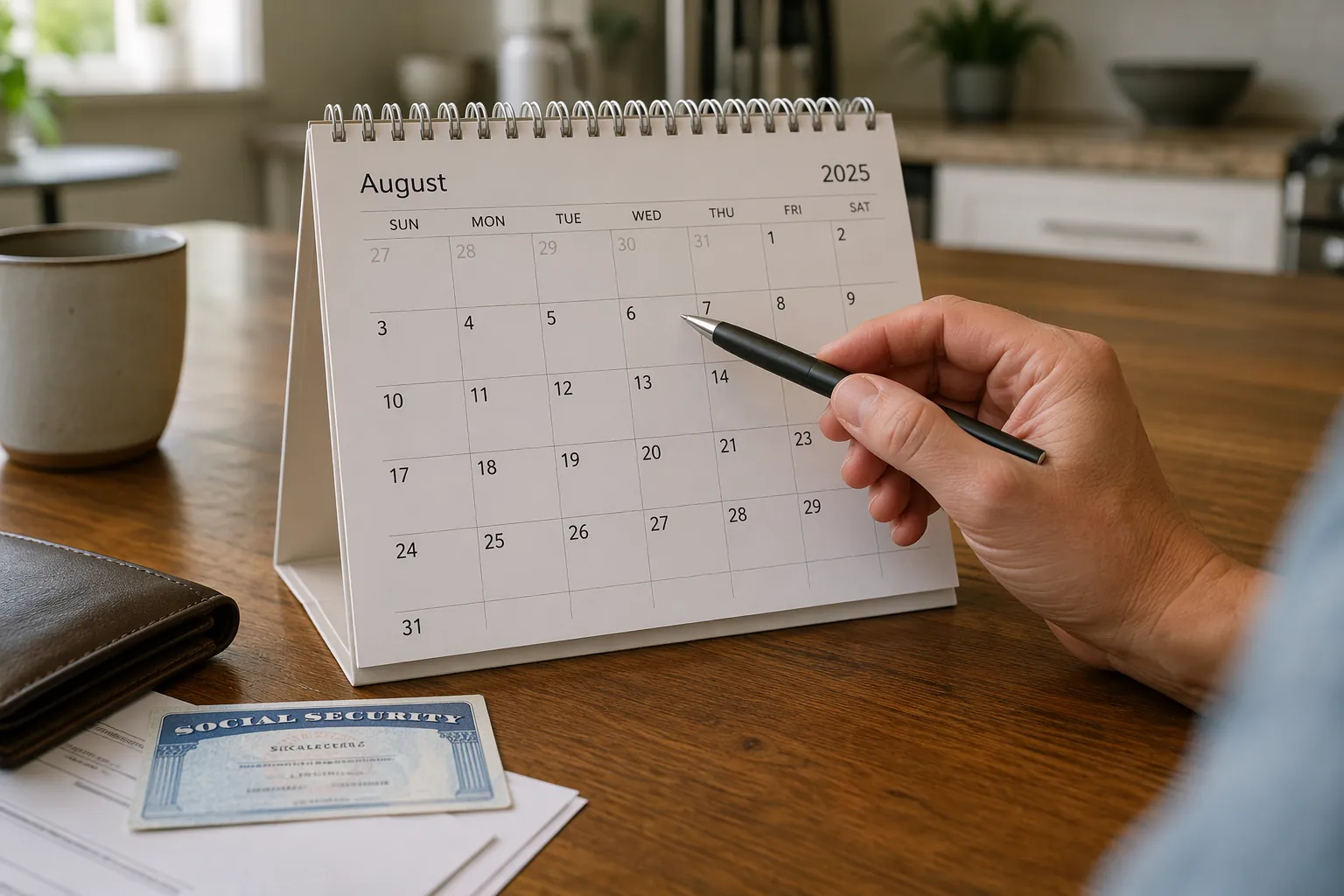 August 2025 calendar with a Social Security card and a pen marking payment dates