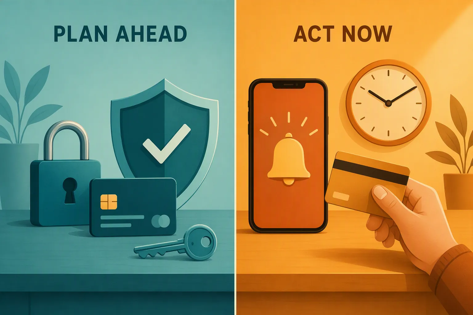 Illustration showing a two-path fraud protection system with plan-ahead safeguards and act-now recovery steps