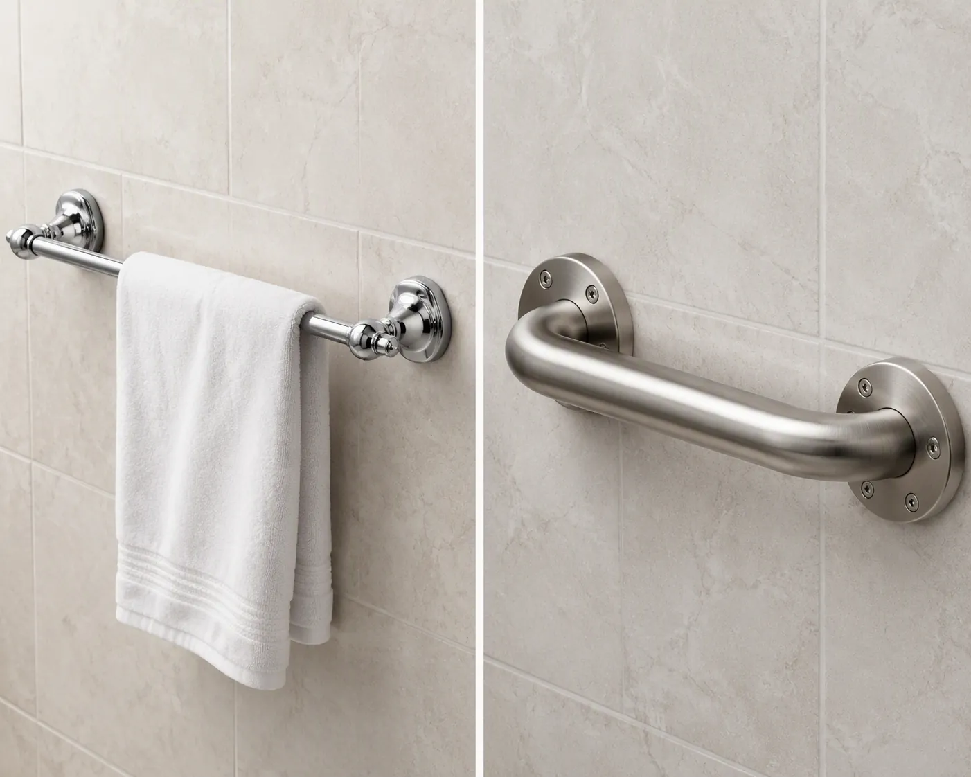 Side-by-side comparison of a decorative towel bar and a heavy-duty grab bar mounted on tile