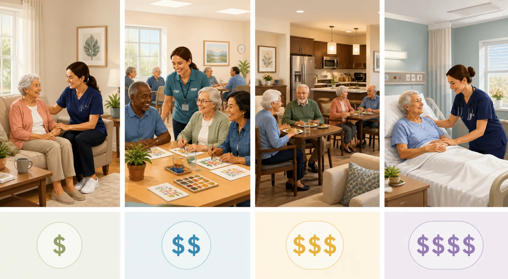 Comparison of home care, adult day care, assisted living, and nursing home care settings with rising cost indicators