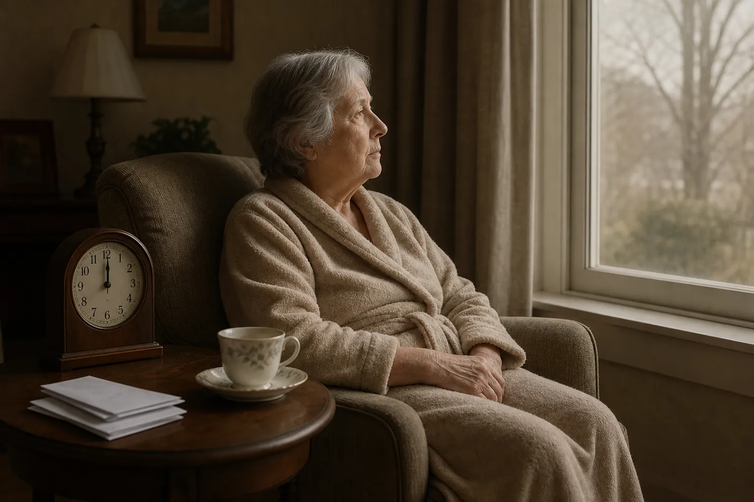 An elderly woman in a bathrobe sits slumped by a window with unopened mail and an untouched cup of tea nearby