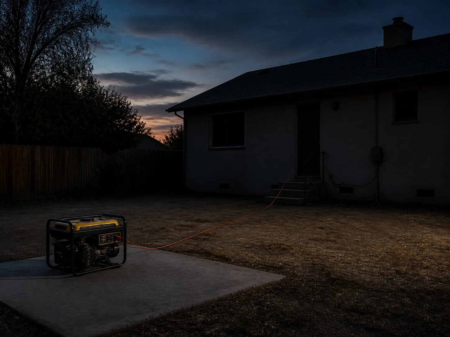 Portable generator placed outdoors away from a house during a power outage