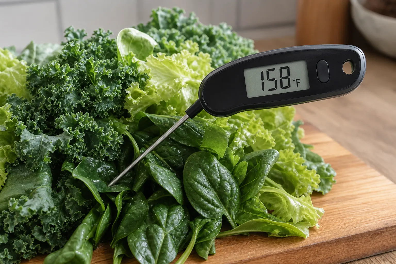 Digital food thermometer showing 158°F in leafy green vegetables