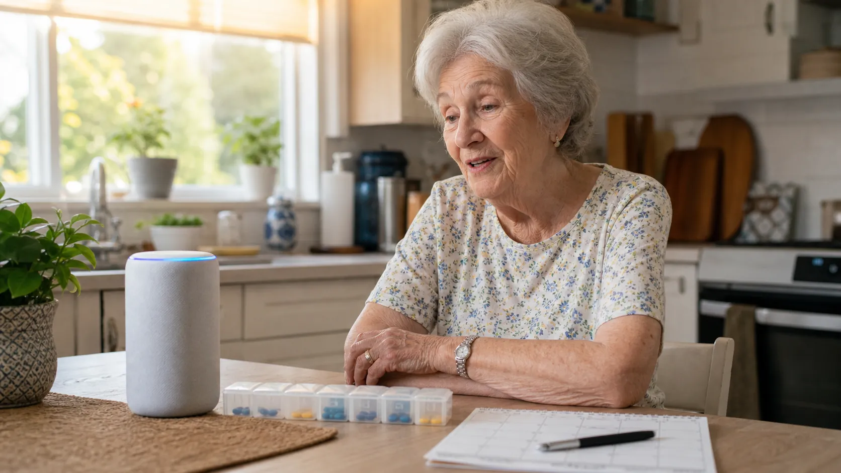 Older woman speaking to a smart speaker at a kitchen table with a pill organizer and calendar nearby