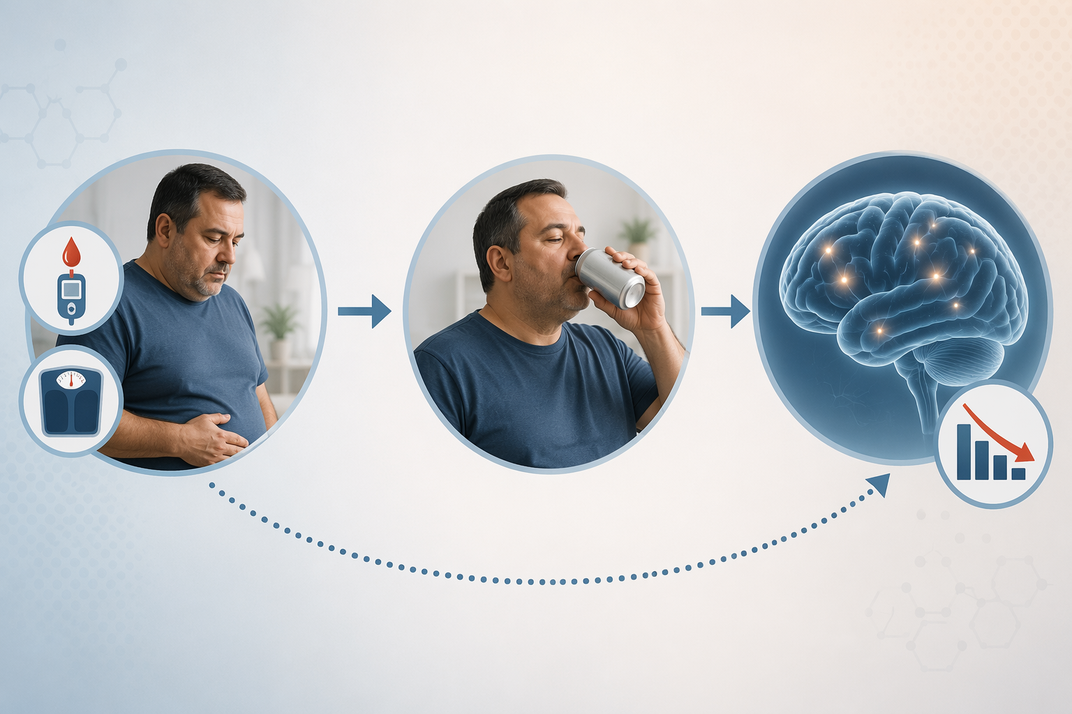 Infographic showing metabolic health indicators, diet soda intake, and brain decline connected by a reverse causation pathway