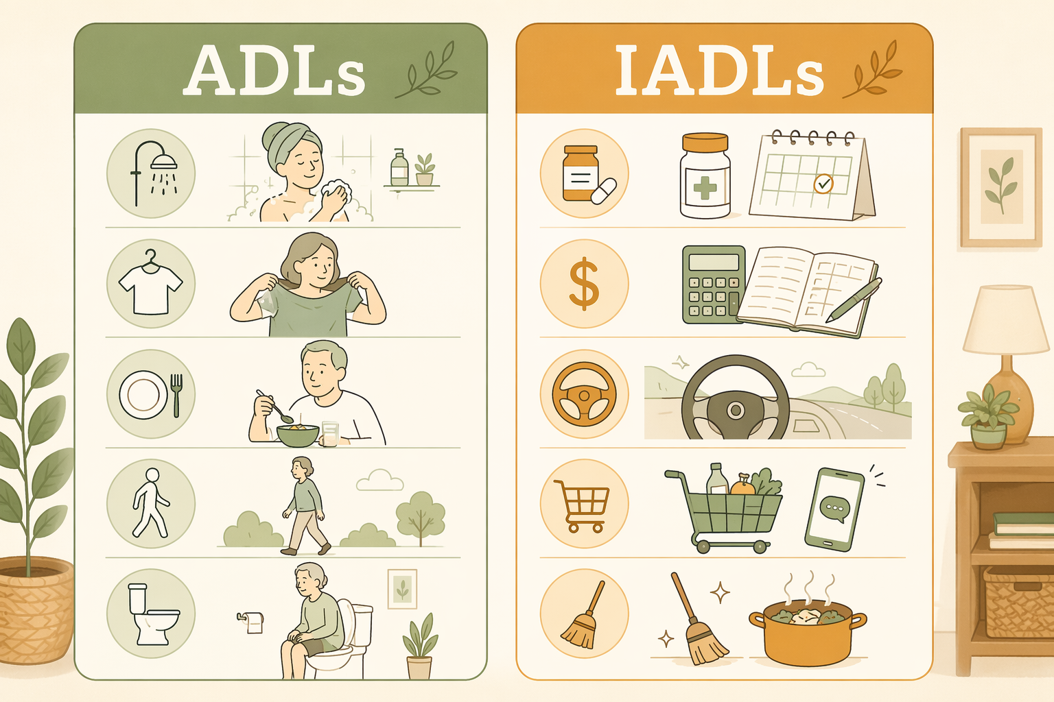 An editorial infographic illustration with two columns: left column labeled ADLs showing line-icon symbols for bathing, dressing, eating, walking, and toileting; right column labeled IADLs showing symbols for medication management, finances, transportation, shopping/communication, and housekeeping/meal prep.