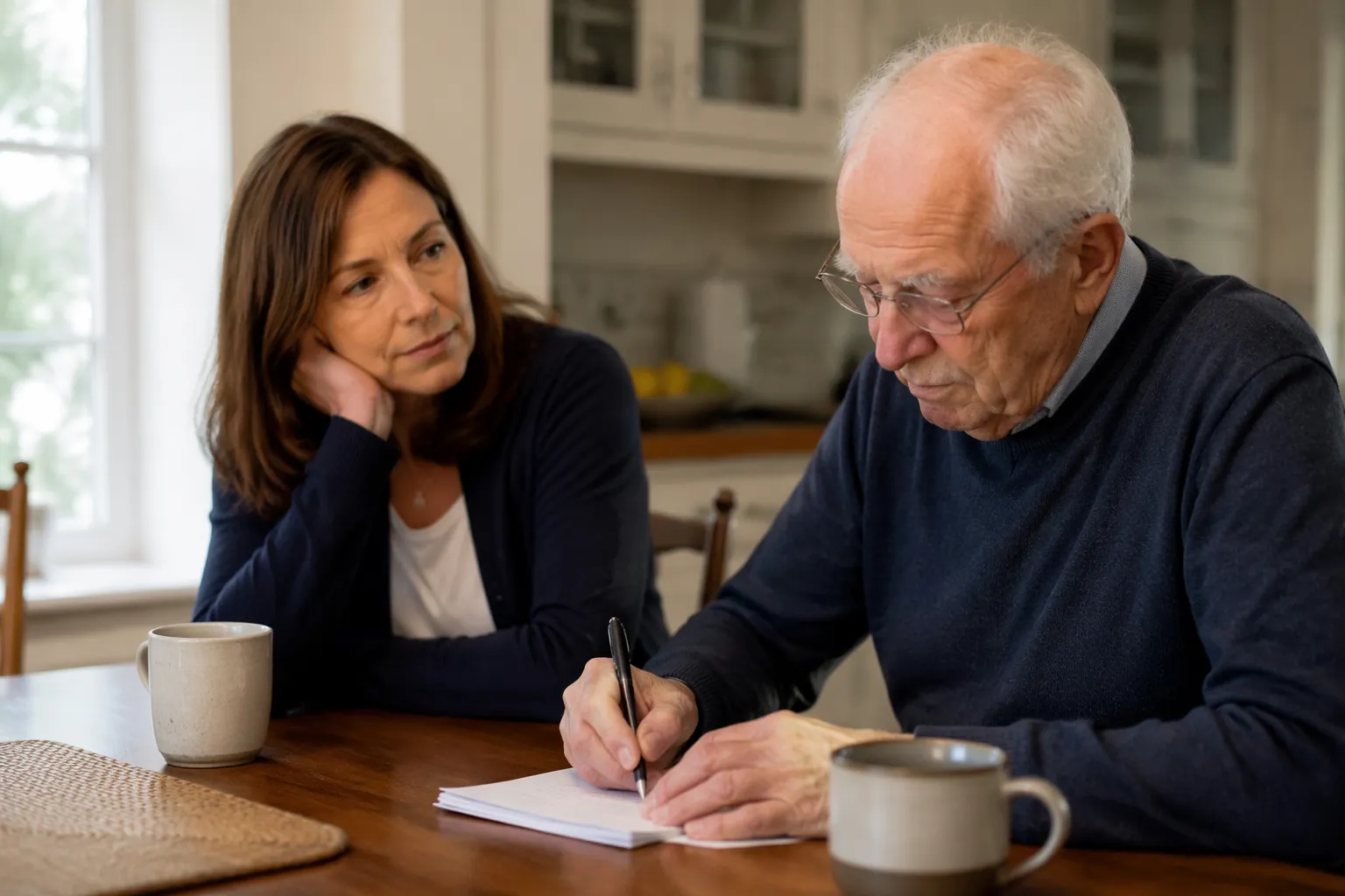 Adult daughter watching her elderly father write slowly at a kitchen table