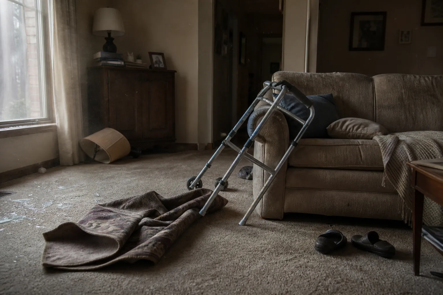 Senior living room after an earthquake with a tipped walker, bunched rug, broken glass, fallen lamp, and dark hallway