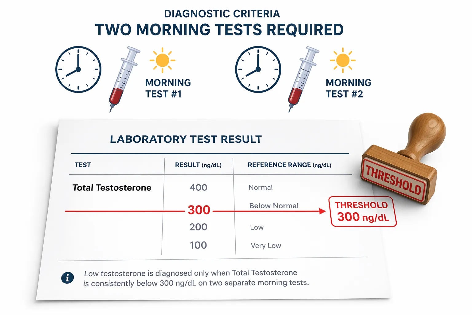 Simplified lab report showing a 300 ng/dL threshold and two morning test icons