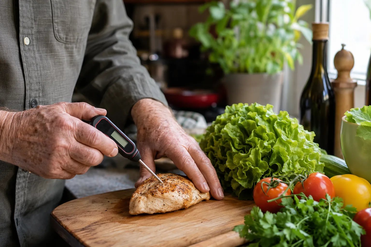 Older adult using a digital cooking thermometer in a home kitchen with whole produce nearby