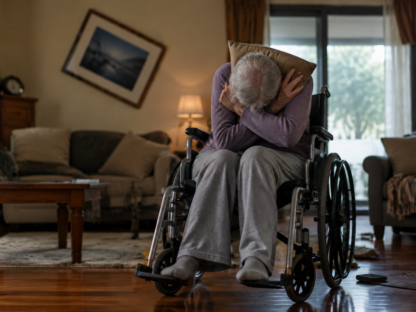 Senior in a locked wheelchair leaning forward and protecting the head and neck with arms and a pillow