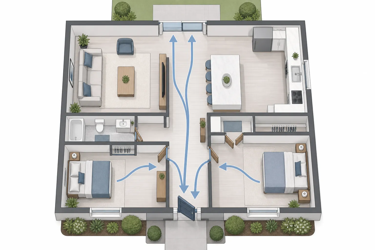 Top-down home floor plan with alternate escape routes from bedrooms
