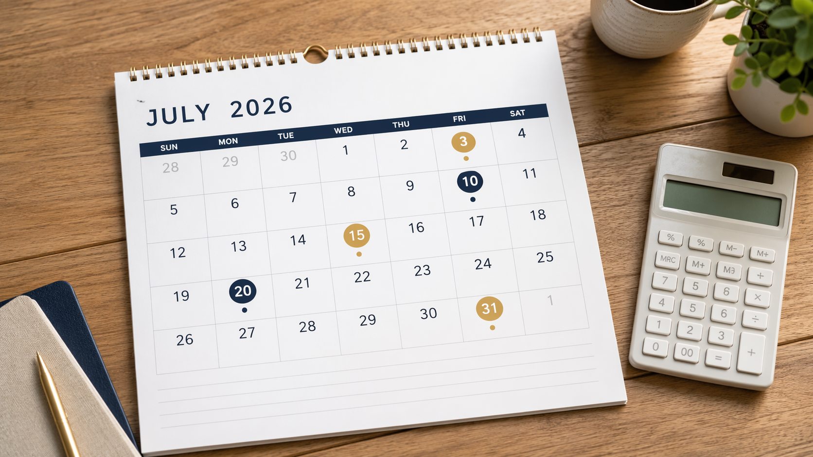 July 2026 desk calendar beside a calculator for household payment planning