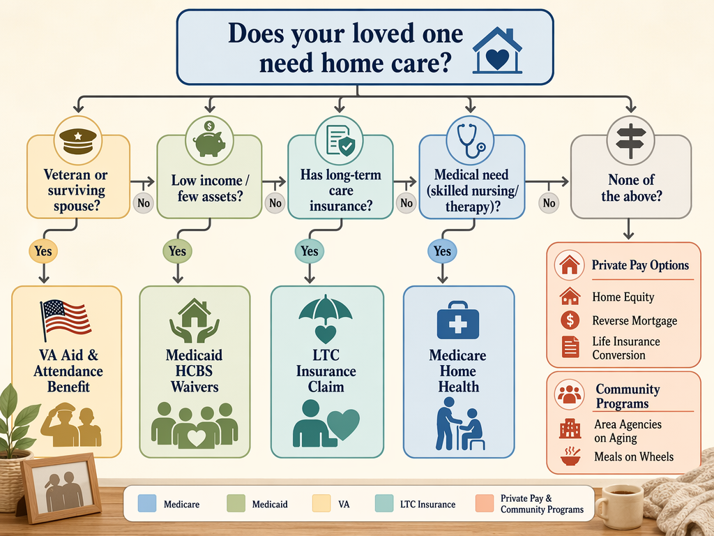 A clean decision flowchart illustration for home care funding with color-coded arrows branching to VA Aid & Attendance, Medicaid HCBS Waivers, Long-Term Care Insurance, Medicare home health, and private pay and community programs.