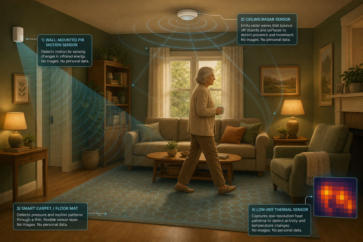 Cutaway illustration of a cozy living room showing four privacy-preserving sensors: a wall-mounted PIR sensor with detection waves, a ceiling-mounted radar with circular wave patterns, a smart carpet with hexagonal pressure grid, and a low-res thermal sensor showing blocky heat blobs. An older adult moves naturally without wearing any devices.