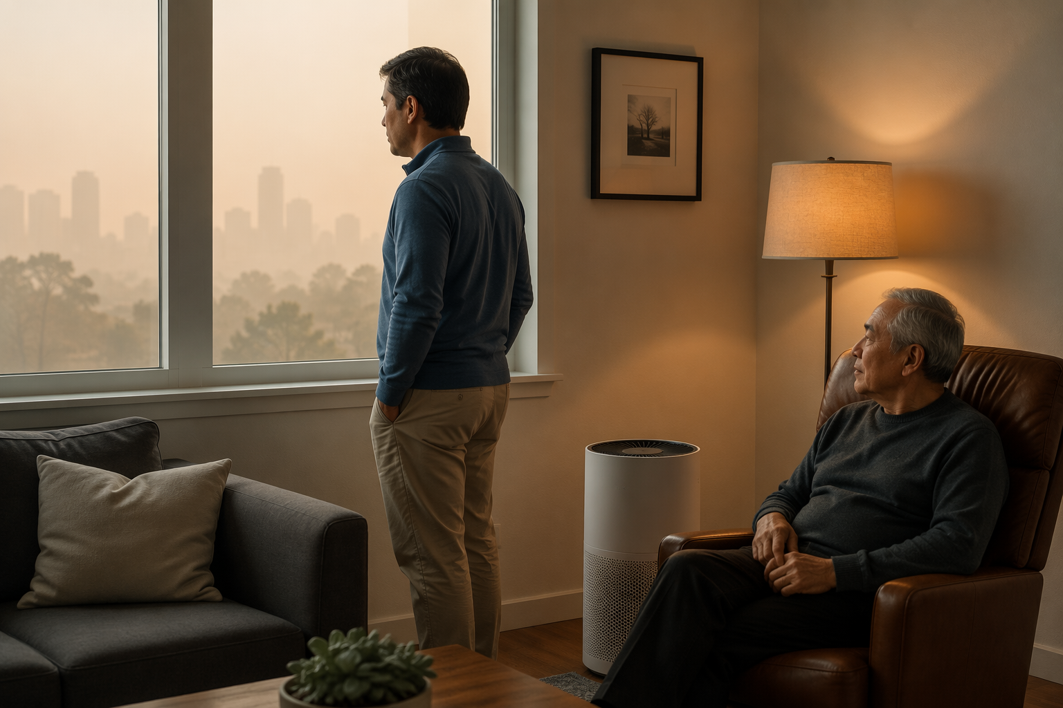Adult caregiver by a closed window during smoky outdoor air while an older adult sits near a HEPA air purifier